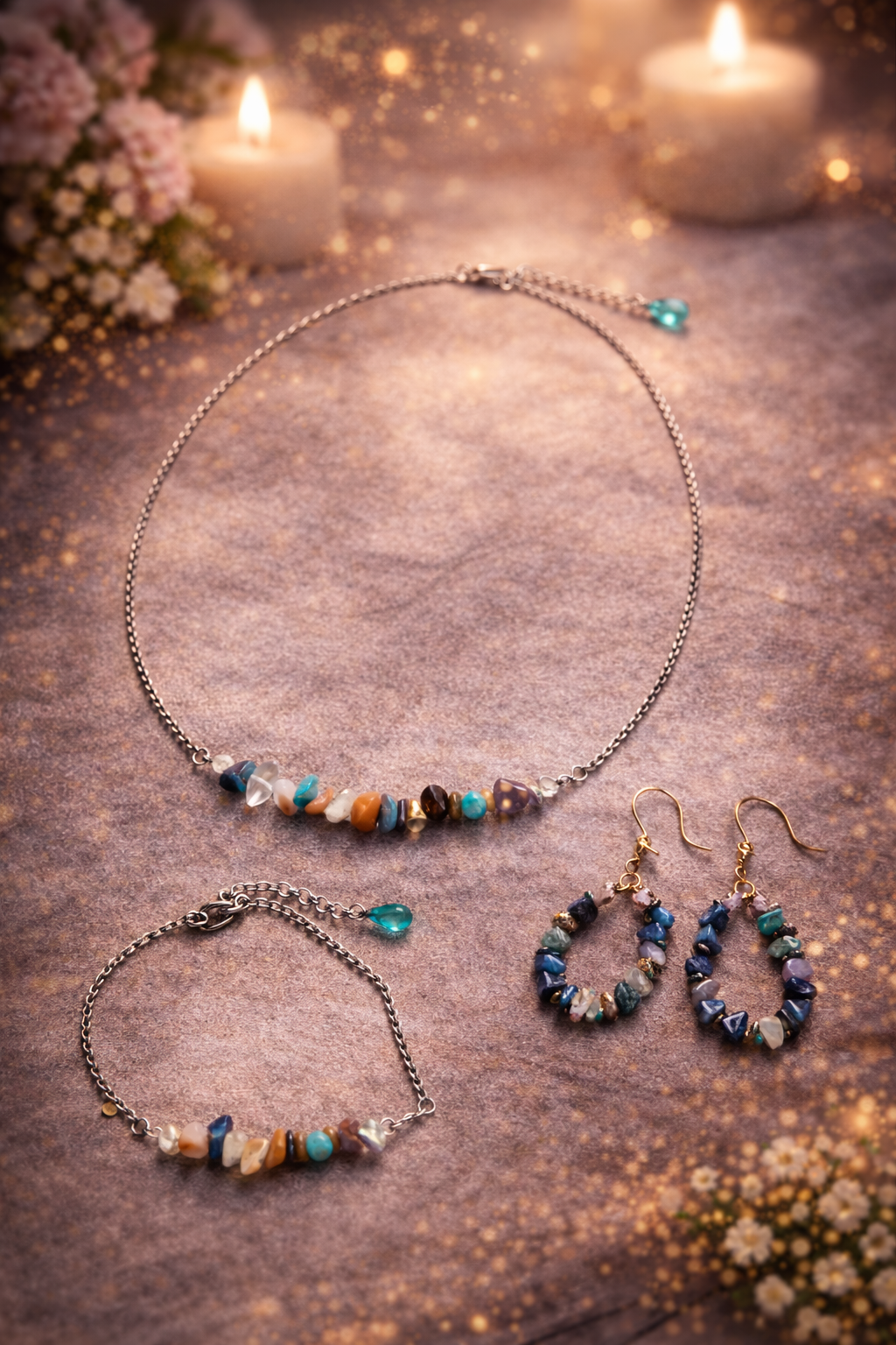 Parure : collier , boucles d'oreilles et bracelet unique