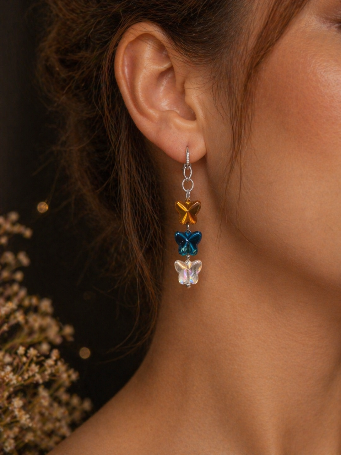 Boucles d'oreilles Papillons Verre Multicolore – Fermoir Plaqué Argent Fait Main