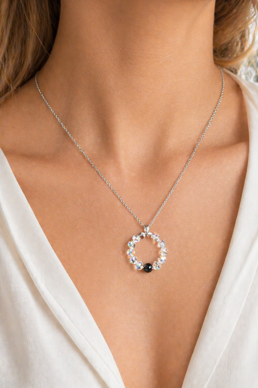 Collier Cristal & Hématite – Chaîne Acier 55cm Fait Main