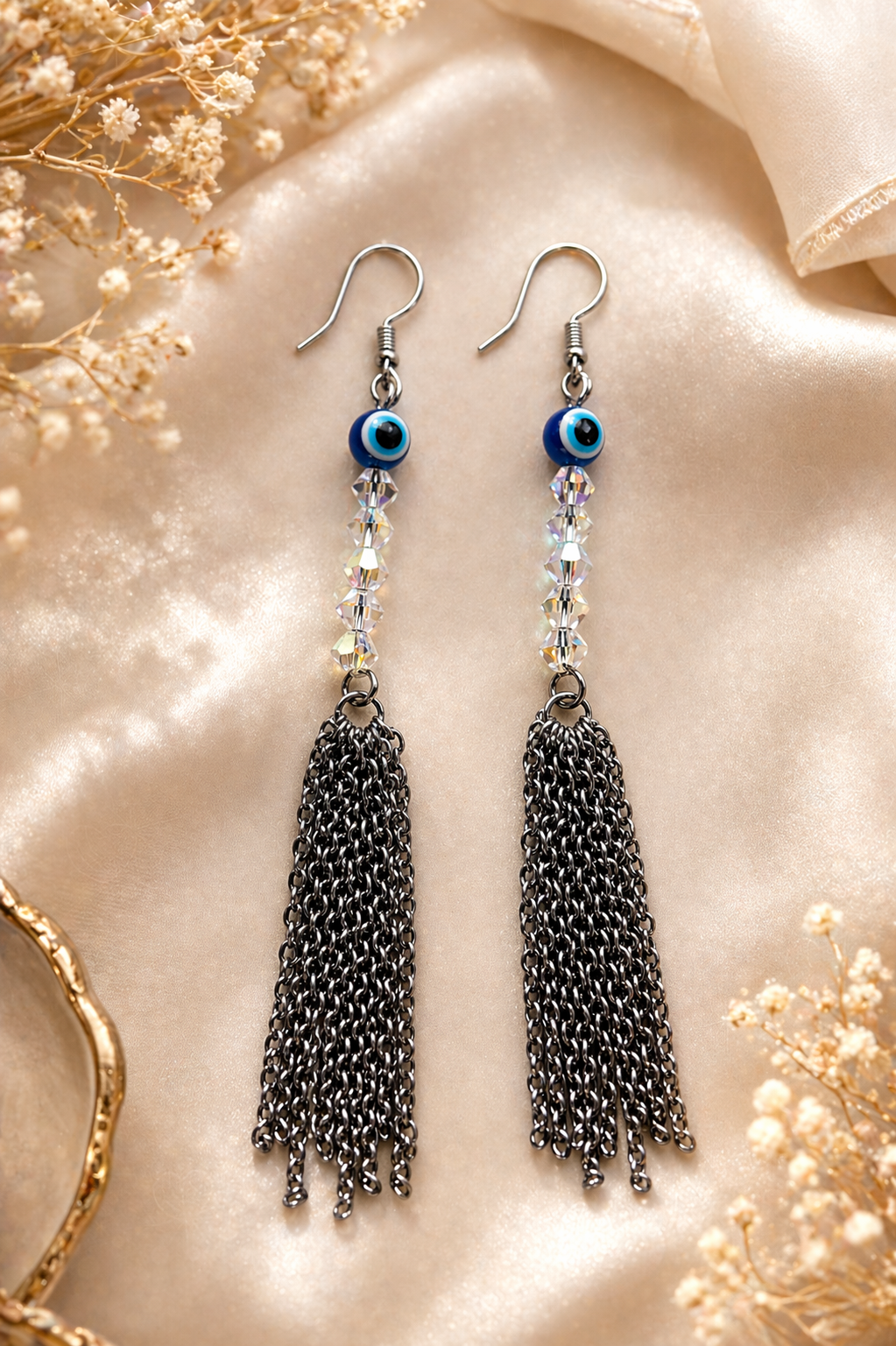 Boucles d'Oreilles Longues Chaînes Acier & Fermoir Plaqué Argent – Fait Main