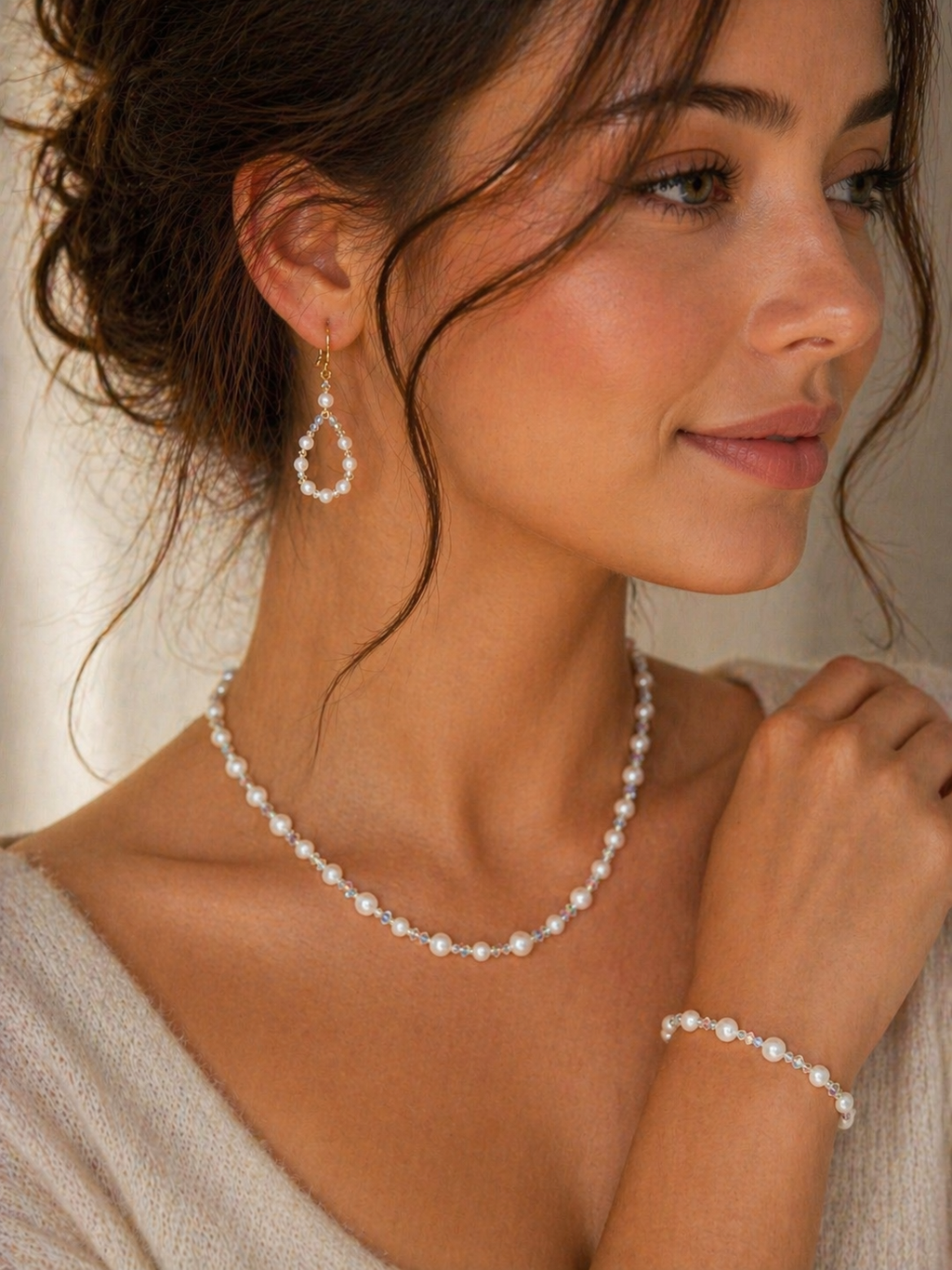 Parure Perles & Cristal – Collier, Bracelet & Boucles d'Oreilles Plaqué Argent Fait Main