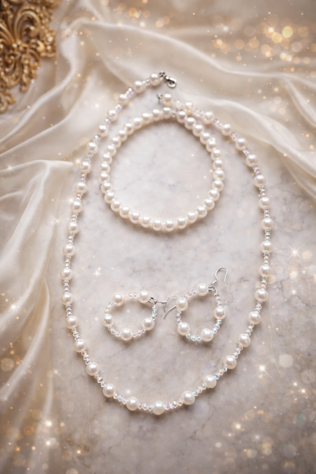 Parure Bijoux Perles et Cristal Fait Main - Collier , bracelet et Boucles d'Oreilles